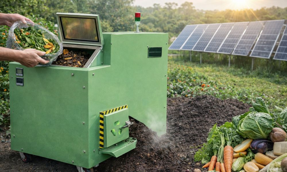 Automatic compost machine converting food waste into compost.