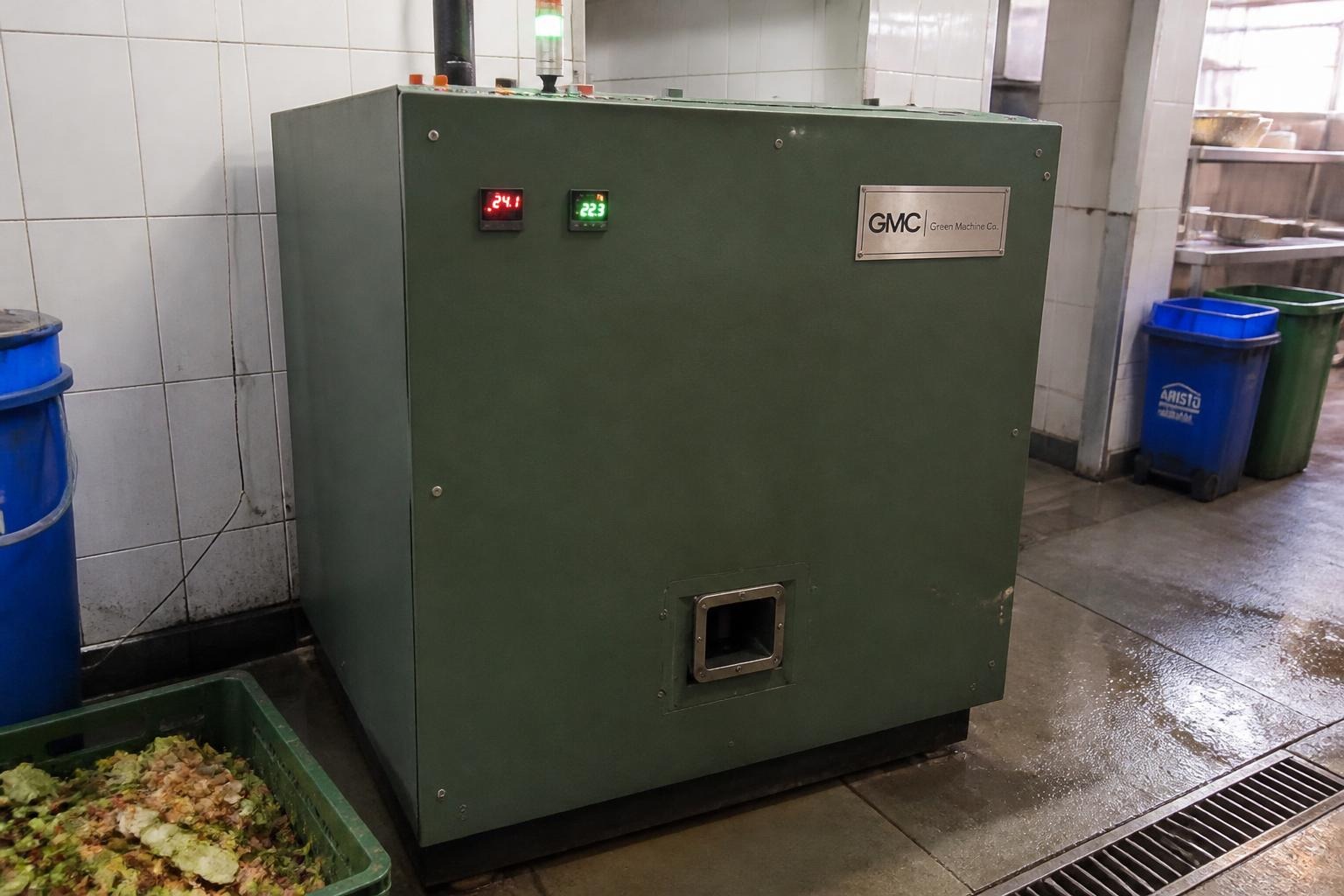 TGMC organic waste composter in a green cabinet with the GMC nameplate, installed in a hotel kitchen service area beside waste bins and a floor drain