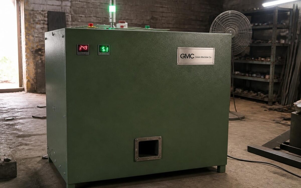 TGMC organic waste composter in a green cabinet with tower light, temperature displays and the GMC nameplate, on the workshop floor before trial