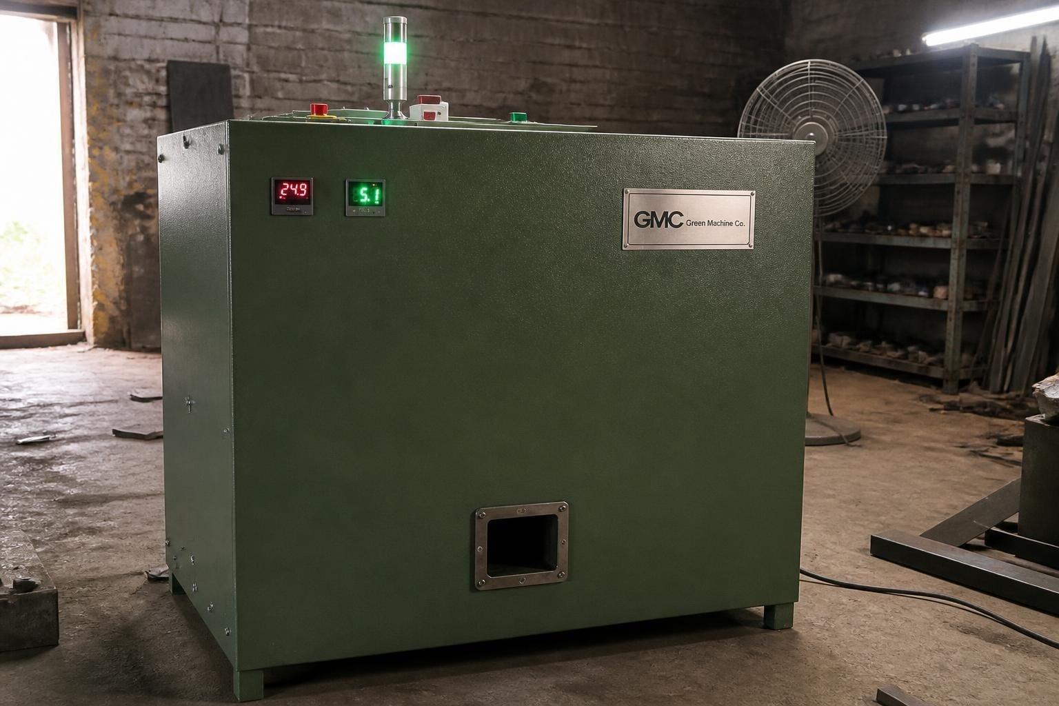 TGMC organic waste composter in a green cabinet with tower light, temperature displays and the GMC nameplate, on the workshop floor before trial