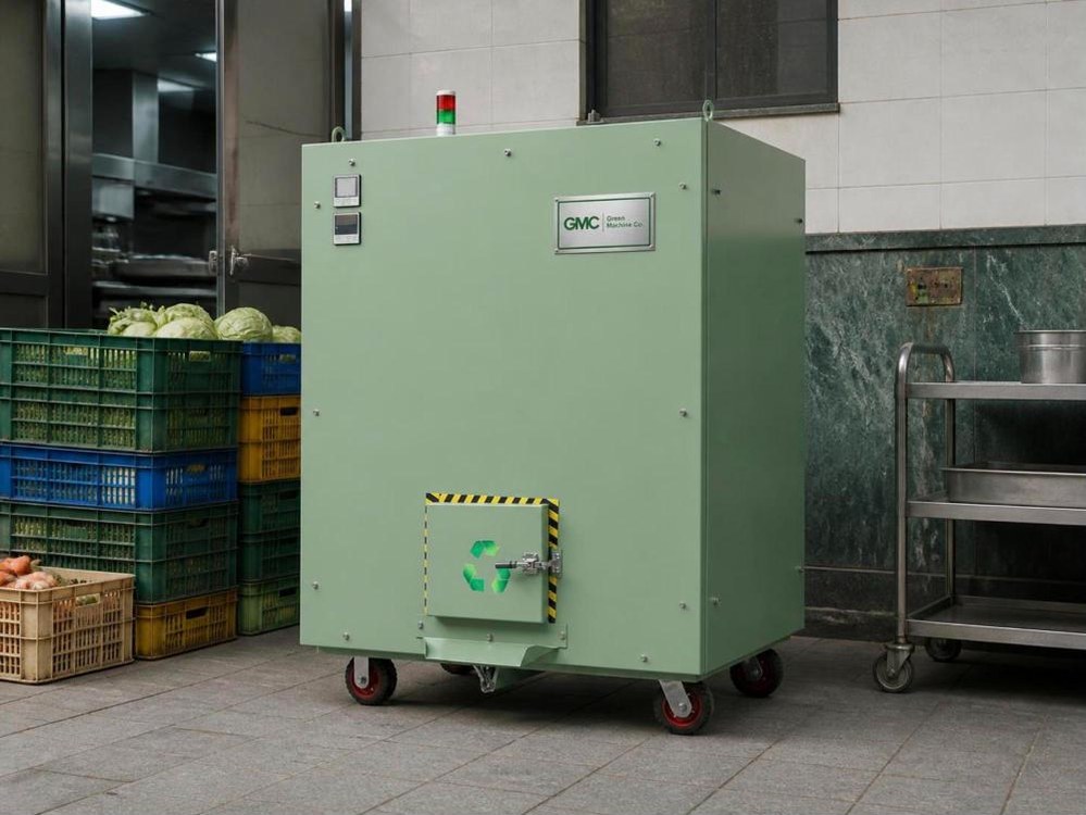 Green Machine Co. composter outside a hotel kitchen back door beside vegetable crates