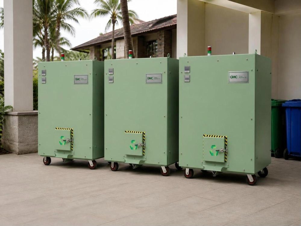 Three Green Machine Co. composters in the back-of-house utility area of a resort