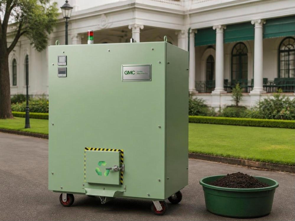 Green Machine Co. composter in the service yard of a members club with lawns and a tub of compost