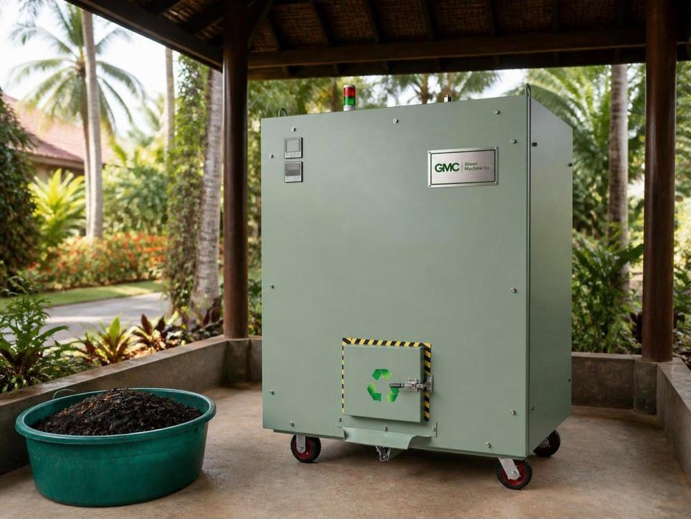 Green Machine Co. composter under a garden shed in resort grounds with a tub of compost