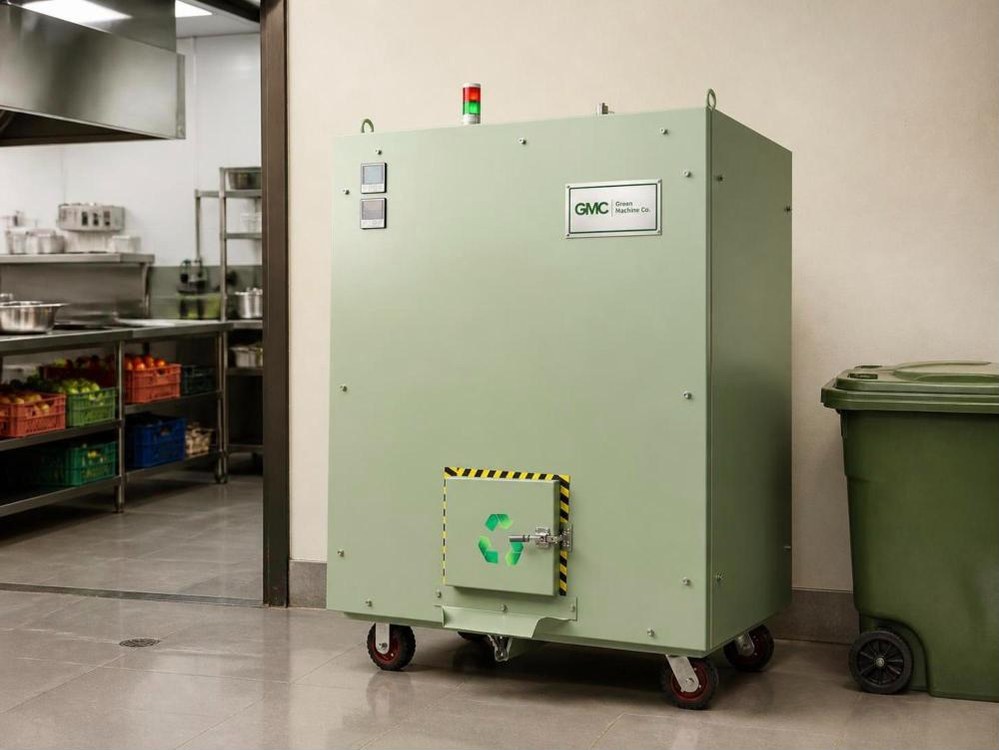 Green Machine Co. composter in the back service area of a restaurant kitchen