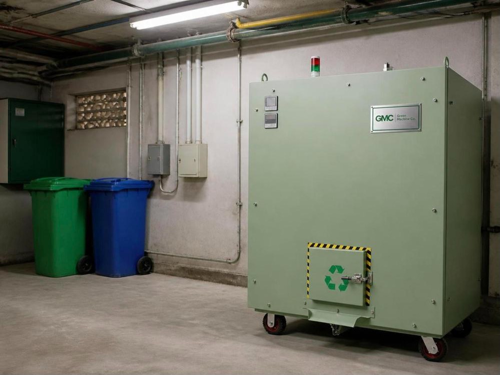Green Machine Co. composter in a basement service area of an apartment complex