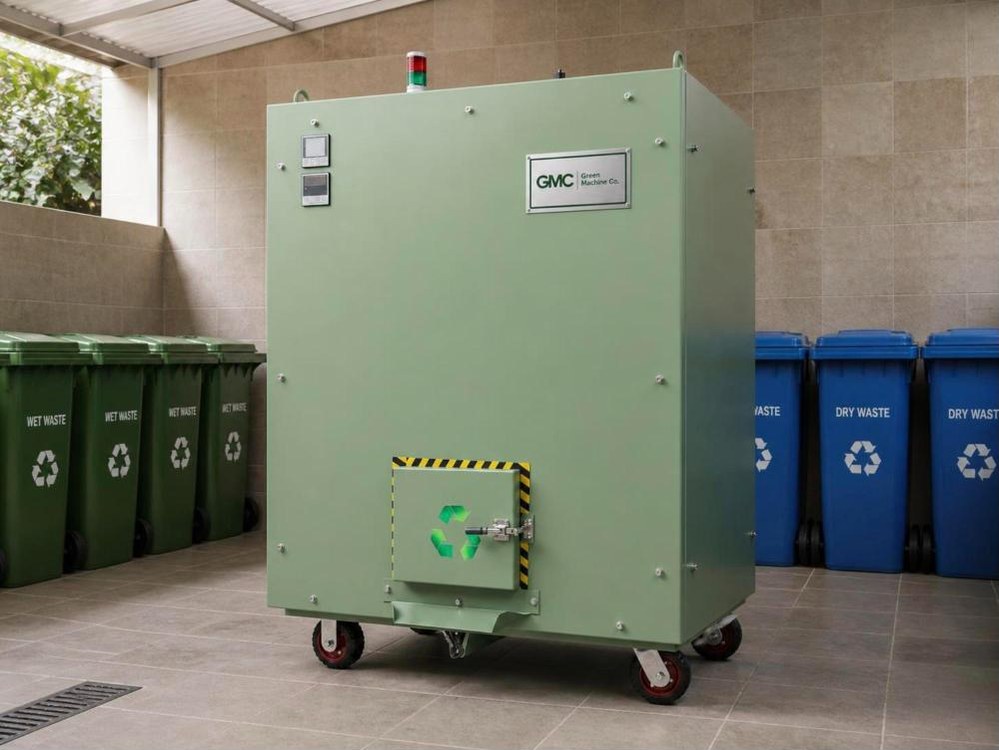 Green Machine Co. composter in a housing society bin yard between wet and dry waste bins