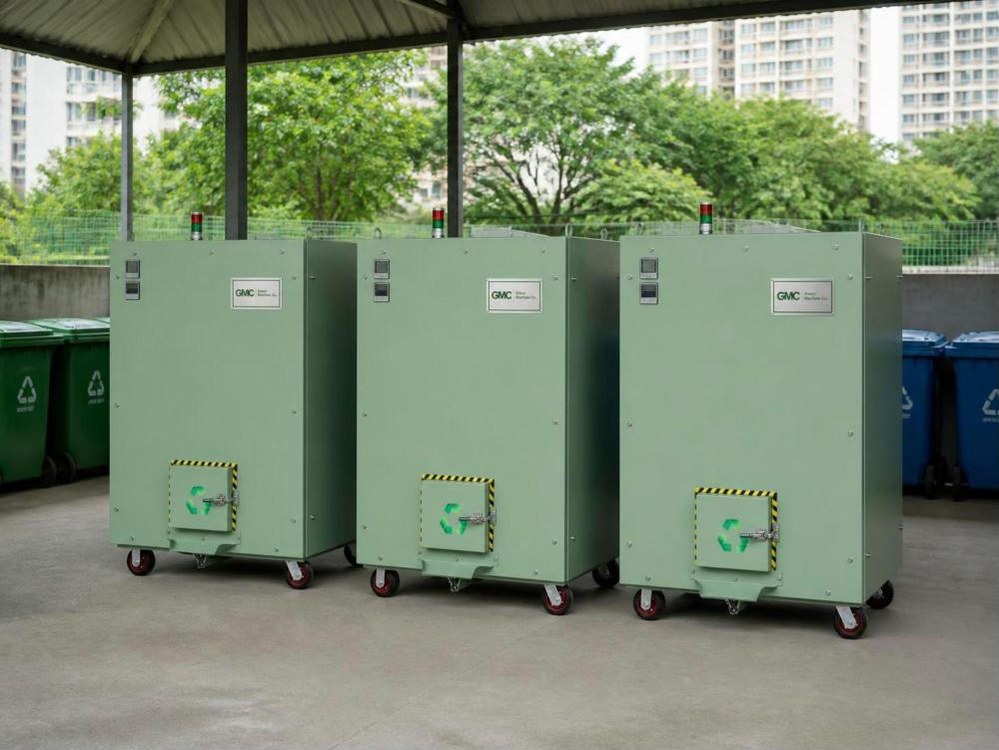 Three Green Machine Co. composters in a covered waste shed of a residential township