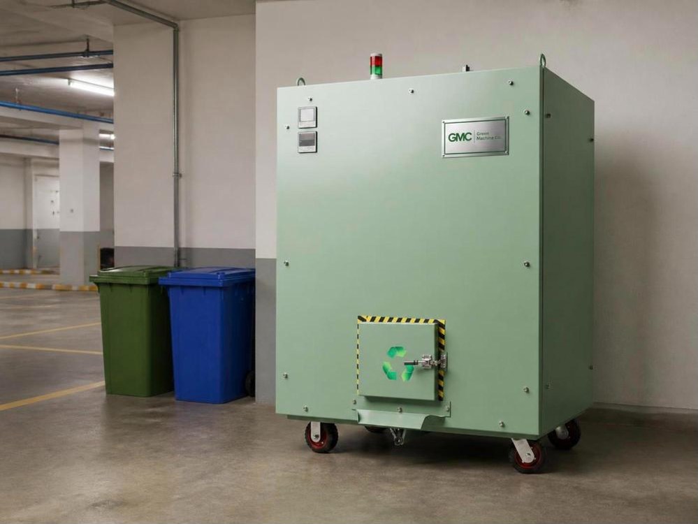 The Green Machine Co. composter in a housing society basement beside waste bins