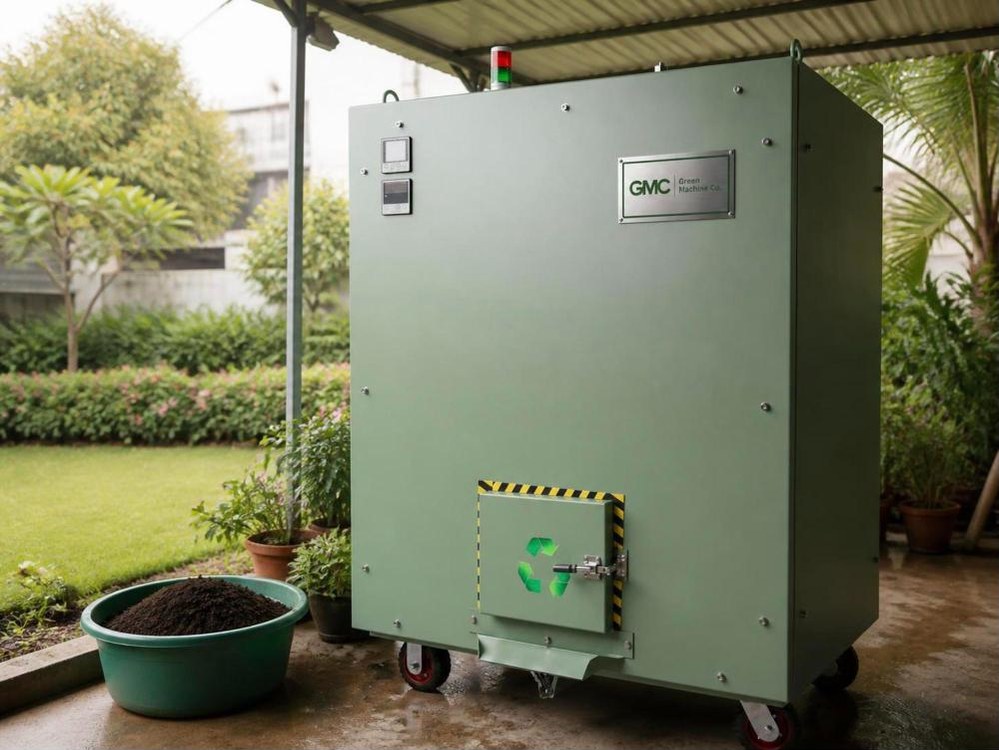 Green Machine Co. composter under a shed beside a society garden with a tub of compost