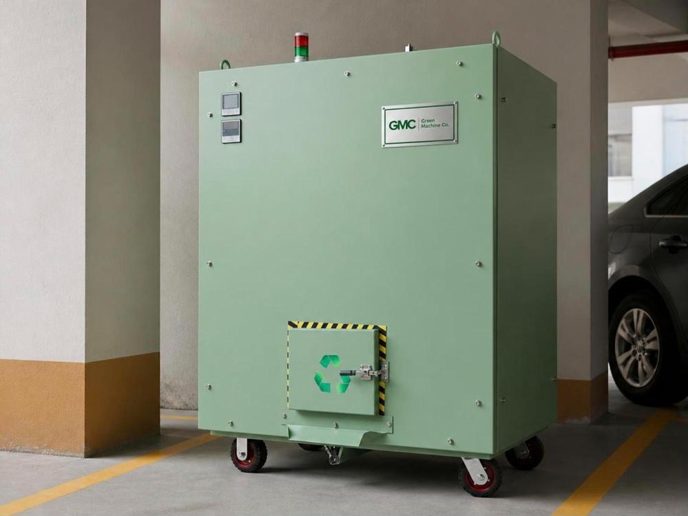 Green Machine Co. composter in the corner of a parking bay