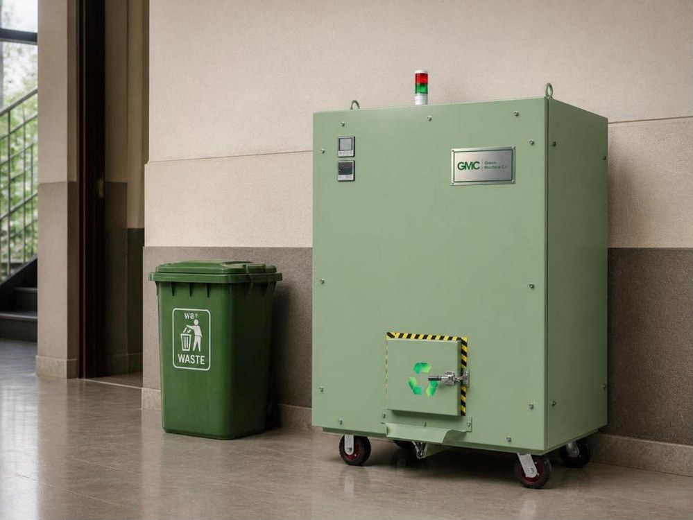 The Green Machine Co. organic waste composter in the ground-floor service area of an apartment building