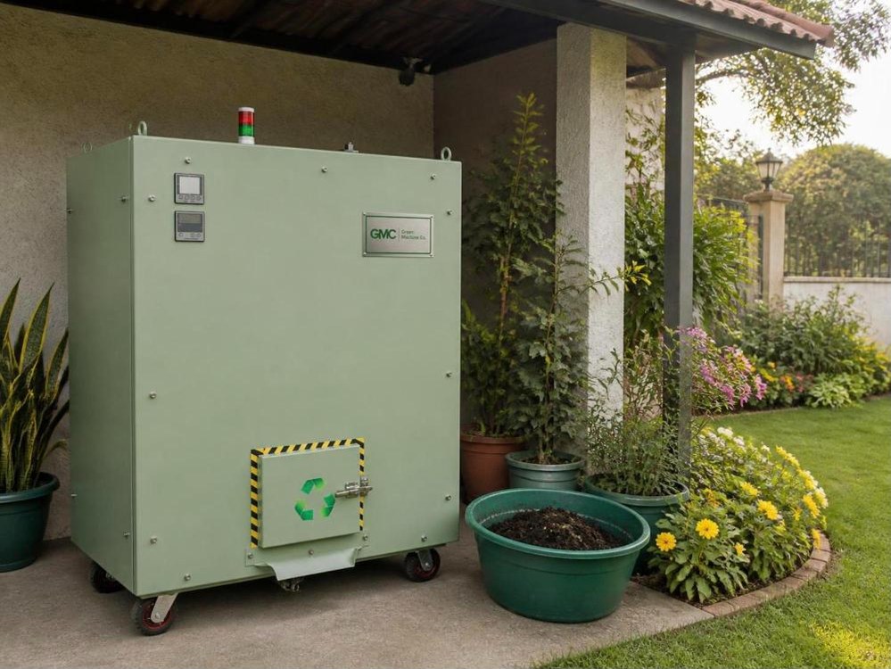 Green Machine Co. composter under a garden shed beside flower beds