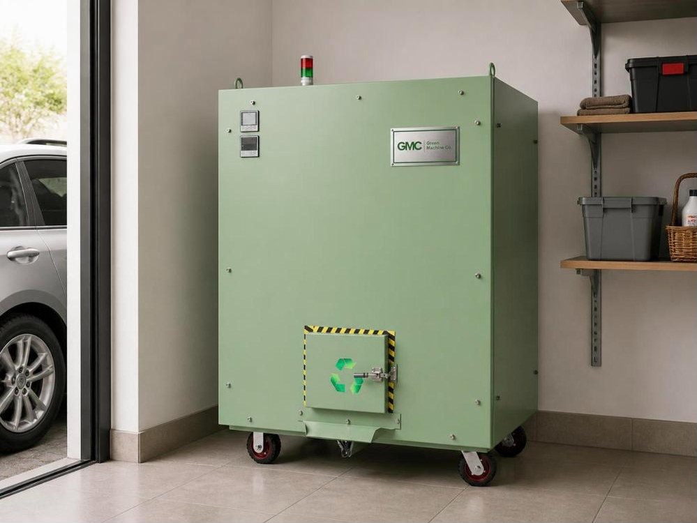 Green Machine Co. composter in the corner of a private garage