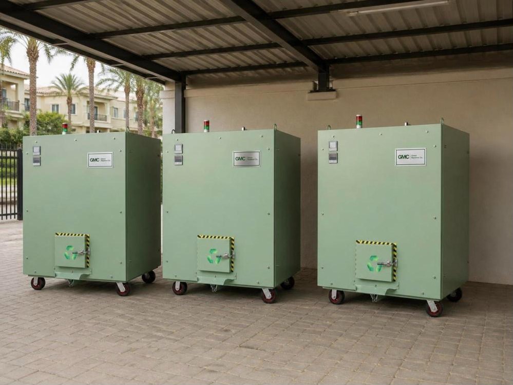 Three Green Machine Co. composters in a utility shed of a gated villa community