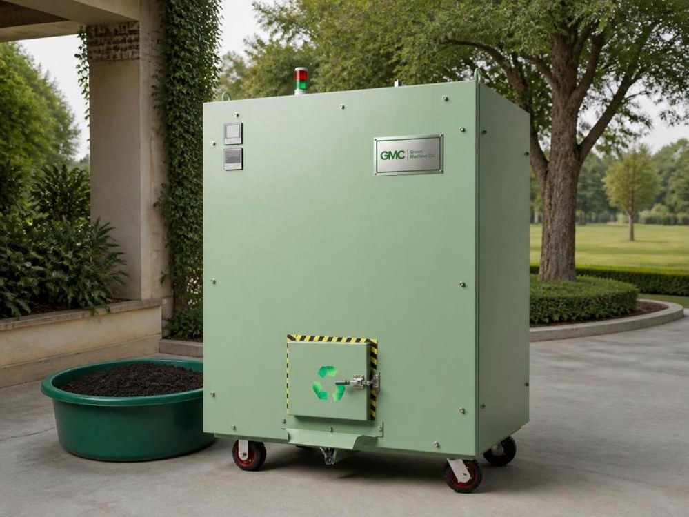 Green Machine Co. composter in the service yard of a farmhouse with a tub of compost