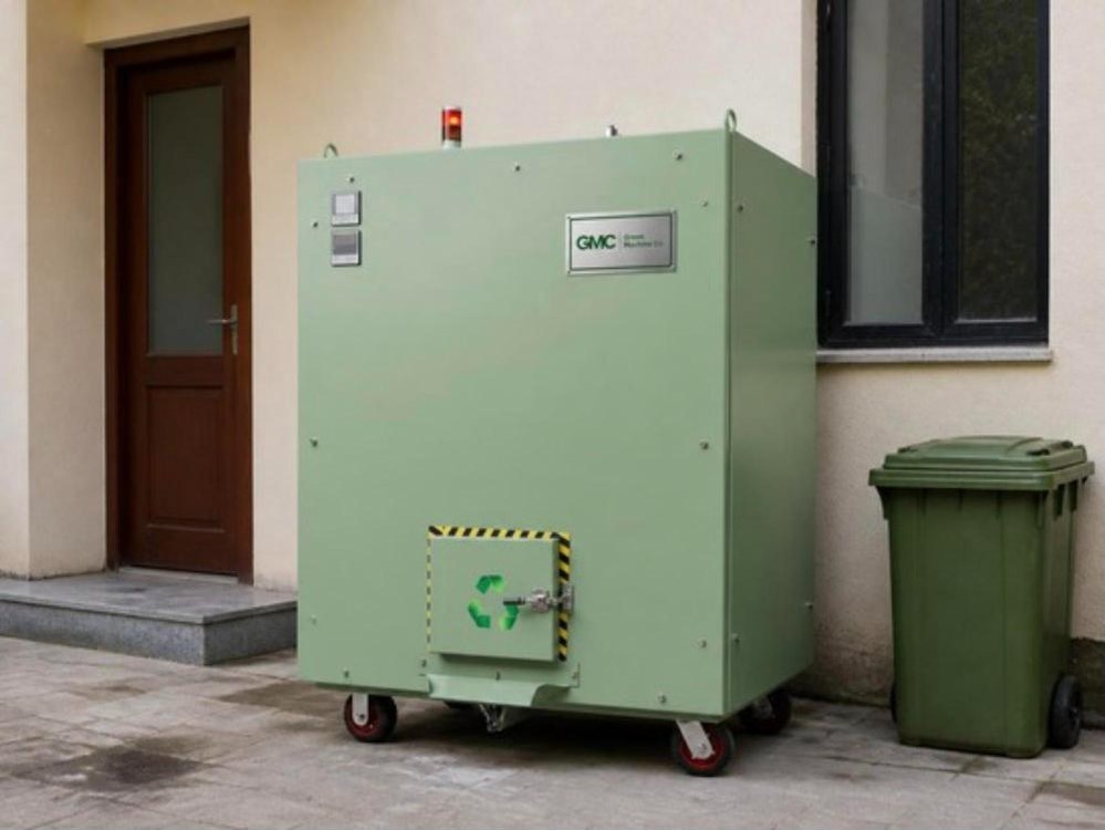 Green Machine Co. composter in the service yard behind a villa kitchen