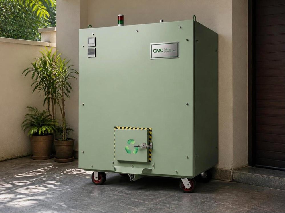 Green Machine Co. composter in the side passage of a private bungalow