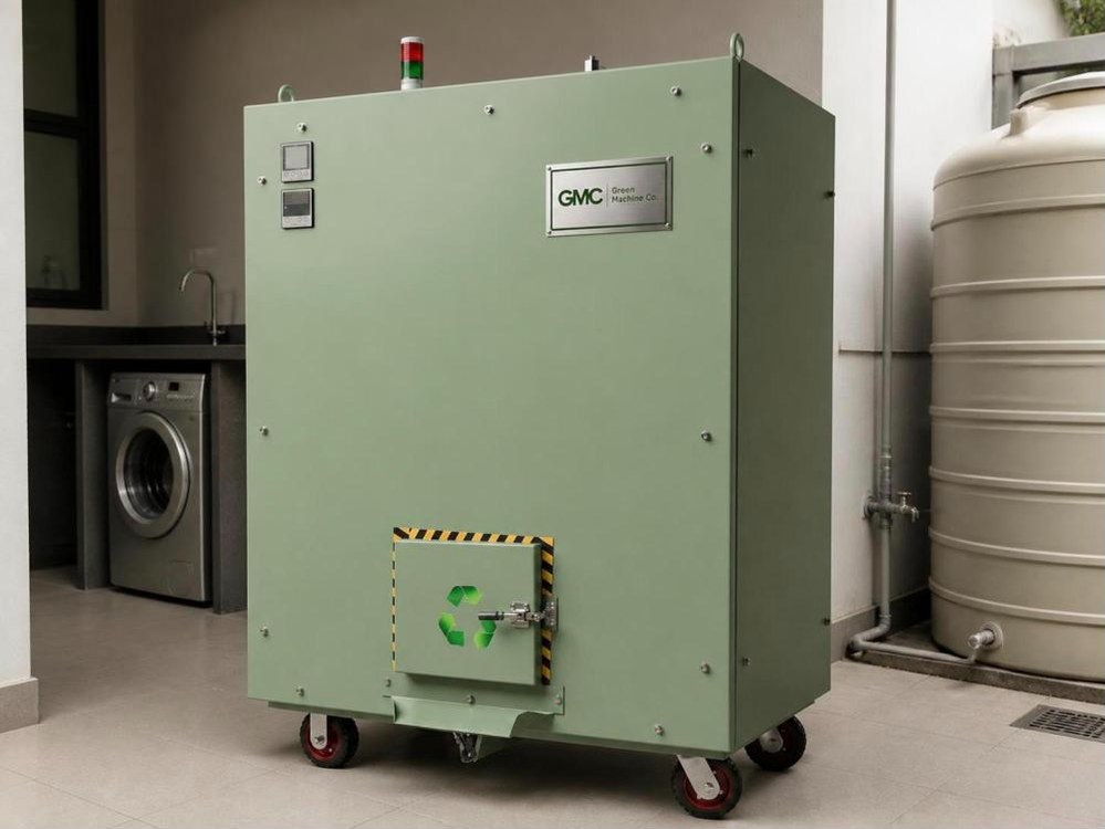 Green Machine Co. composter in a covered utility area near the laundry and water tank